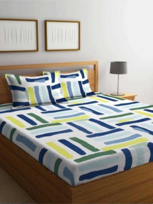 YAYATI 210 TC Microfiber King Geometric Fitted (Elastic) Bedsheet(Pack of 1, Blue, White)