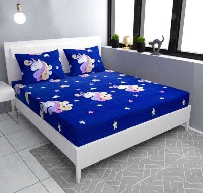 WELLPRAN 250 TC Polycotton Queen Printed Fitted (Elastic) Bedsheet(Pack of 1, Blue)