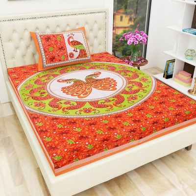 Harshika Fashion 144 TC Cotton Single Jaipuri Prints Flat Bedsheet(Pack of 1, Orange)