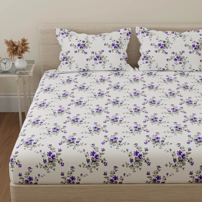 Huesland Cotton Double Flat 144 TC Floral Bedsheet(Pack of 1, White and Purple)