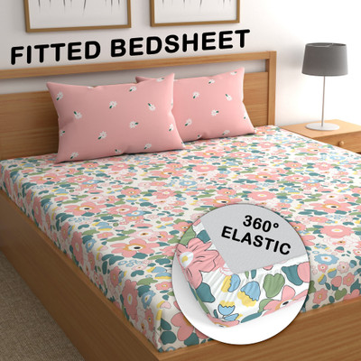 CG Homes 180 TC Cotton Double Printed Fitted (Elastic) Bedsheet (Pack Of 1, Pink Flower) For Rs. 299 @ 50 %