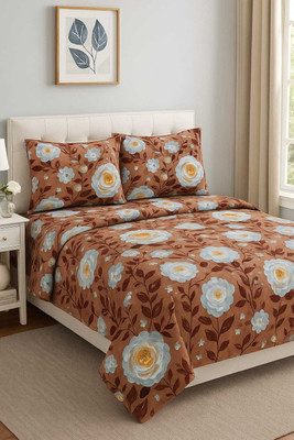 parth international Cotton Blend Queen Flat 290 TC Printed Bedsheet(Pack of 1, brown & blue floral)
