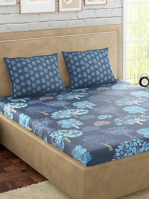 PETAL HOME Cotton King Flat 300 TC Floral Bedsheet(Pack of 1, Blue)
