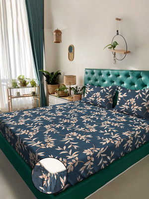 Klotthe Cotton Blend King Fitted (Elastic) 300 TC Printed Bedsheet(Pack of 1, Dark Blue)