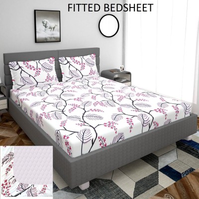 DECORHUT FAB 200 TC Cotton King Floral Fitted (Elastic) Bedsheet(Pack of 1, White, Black)