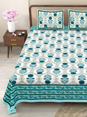 CLOTHOLOGY Cotton King Flat 240 TC Jaipuri Prints Bedsheet(Pack of 1, Sky Blue, Green, White)