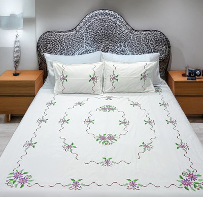 Arsha Chikankari Cotton King Flat 230 TC Embroidered Bedsheet(Pack of 1, White)