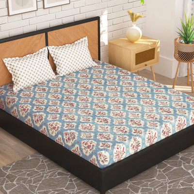 Story@home Microfiber Double Flat 180 TC Printed Bedsheet(Pack of 1, Cream & Blue)