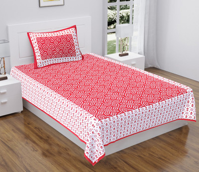 BATHAM HANDLOOM 104 TC Cotton Single Jaipuri Prints Flat Bedsheet(Pack of 1, Red)