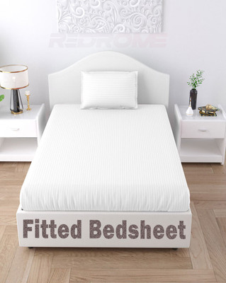 REDROME Cotton Single Fitted (Elastic) 300 TC Striped Bedsheet(Pack of 1, White)