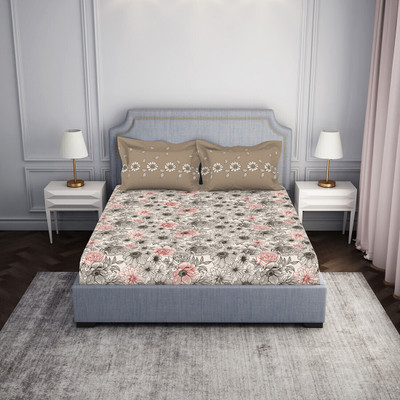 SPACES 144 TC Cotton King Paisley Fitted (Elastic) Bedsheet(Pack of 1, Cream)