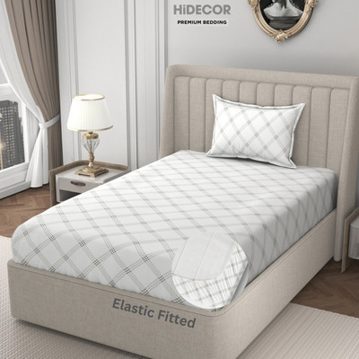 HIDECOR 280 TC Microfiber Single Geometric Fitted (Elastic) Bedsheet(Pack of 1, White(Beige Print))