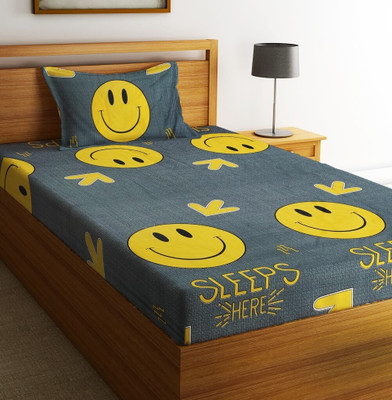 Fashion String 144 TC Microfiber Single Printed Flat Bedsheet(Pack of 1, Grey, Yellow)