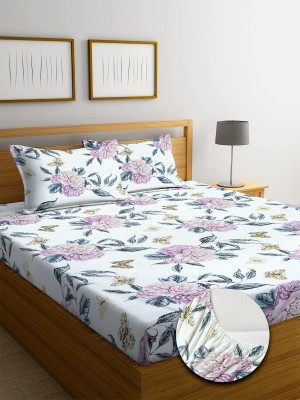 tarain collection 210 TC Polycotton Double Solid Fitted (Elastic) Bedsheet(Pack of 1, White & Pink Floral)