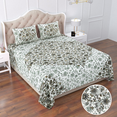 Castile Cotton King Flat 360 TC Floral Bedsheet(Pack of 1, Gray)