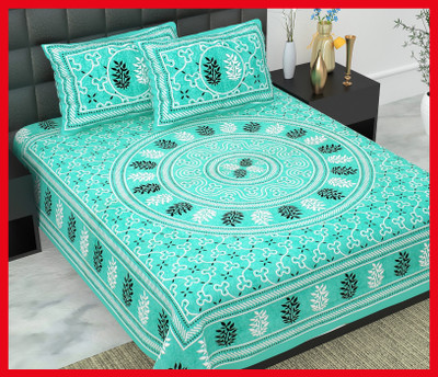 JAIPUR PRINTS Cotton Double Flat 210 TC Jaipuri Prints Bedsheet(Pack of 1, Sky)