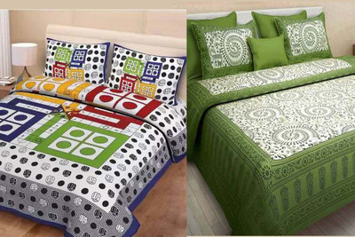 PALANG SHOBHA Cotton Double Flat 240 TC Jaipuri Prints Bedsheet(Pack of 2, Multicolor, Light Green)