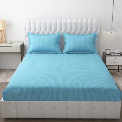 n g products 300 TC Satin Double Striped Fitted (Elastic) Bedsheet(Pack of 1, Sky Blue)