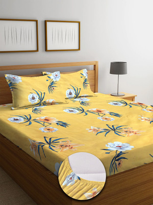 MAYAS COLLECTION 250 TC Microfiber Double Abstract Fitted (Elastic) Bedsheet(Pack of 1, Yellow)