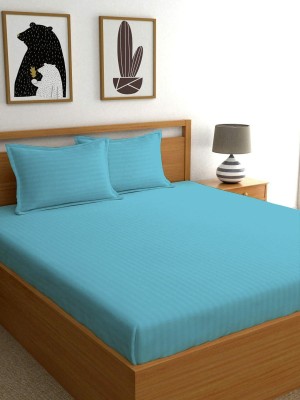 VORDVIGO 300 TC Cotton Double Striped Flat Bedsheet(Pack of 1, Sky Blue)