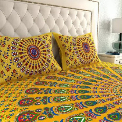 Poorak 144 TC Cotton Double Printed Flat Bedsheet(Pack of 1, Mandala Yellow)