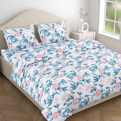 haus & kinder Microfiber Double Flat 120 TC Floral Bedsheet(Pack of 1, Blue, Pink)