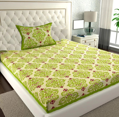 Dreamsoft Cotton Single Flat 144 TC Jaipuri Prints Bedsheet(Pack of 1, Light Green)