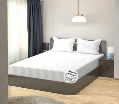 HOMYBEES 300 TC Cotton Double Abstract Fitted (Elastic) Bedsheet(Pack of 1, White)