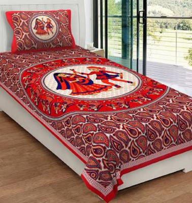 Traditional Collection 140 TC Cotton Single Jaipuri Prints Flat Bedsheet(Pack of 1, Red)