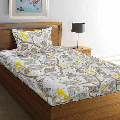 Huesland Cotton Single Flat 144 TC Floral Bedsheet(Pack of 1, Yellow, Grey)