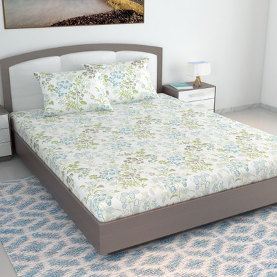 Divine Casa Cotton King Flat 144 TC Floral Bedsheet(Pack of 1, Green Banana)
