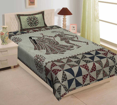 Monik Handicrafts Cotton Single Flat 300 TC Jaipuri Prints Bedsheet(Pack of 1, Grey & Brown)