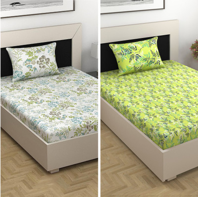 Divine Casa Cotton Single Flat 144 TC Floral Bedsheet(Pack of 2, Light Green and Dark Green)