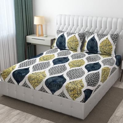 SMILING HEARTZ 310 TC Microfiber, Fleece, Cotton Double Geometric Fitted (Elastic) Bedsheet(Pack of 1, White, Grey)