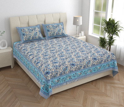 sayanan Cotton King Flat 270 TC Jaipuri Prints Bedsheet(Pack of 1, Blue)