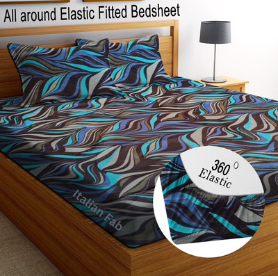 Italian Fab Cotton King Fitted (Elastic) 180 TC Printed Bedsheet(Pack of 1, STANDING-BLUE-WAVE)