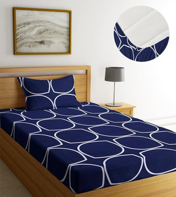 Apni Dukan 204 TC Cotton Single Printed Fitted (Elastic) Bedsheet(Pack of 1, Blue)