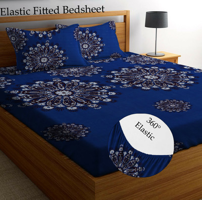 Amrange 210 TC Microfiber King Floral Fitted (Elastic) Bedsheet(Pack of 1, Blue)