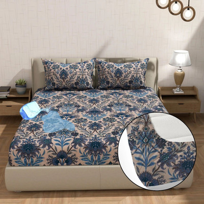 BLUEDOT Cotton, PVC King Fitted (Elastic) 200 TC Floral Bedsheet(Pack of 1, Multicolor)