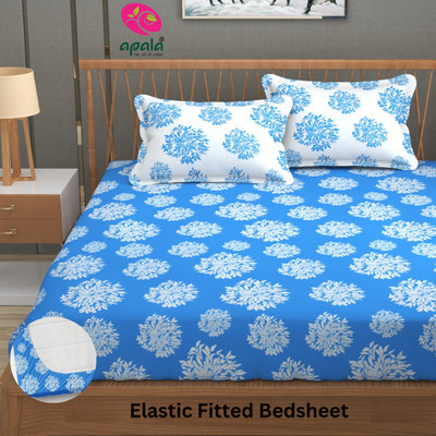 Apala 280 TC Microfiber King Printed Fitted (Elastic) Bedsheet(Pack of 1, Blue & White)