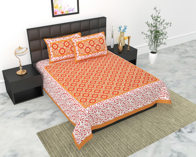 E ELMA Cotton Double Flat 144 TC Jaipuri Prints Bedsheet(Pack of 1, Brown)