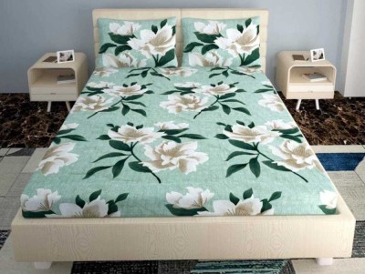 Ikaan decor 140 TC Microfiber Queen Floral Fitted (Elastic) Bedsheet(Pack of 1, Green, White)