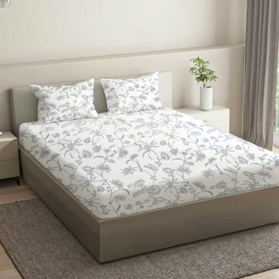 LINENWALAS Cotton Double Fitted (Elastic) 300 TC Floral Bedsheet(Pack of 1, Grey Flora)