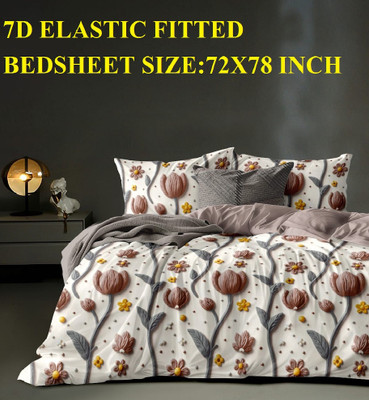 Laying Style Polycotton King Fitted (Elastic) 400 TC Floral Bedsheet(Pack of 1, 7D Double King Size Elastic Fitted Bedsheet with 2 Pillow Cover 90x100 inch-9)