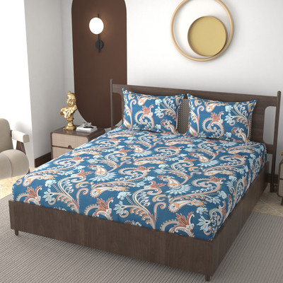 real dream 210 TC Cotton King Abstract Fitted (Elastic) Bedsheet(Pack of 1, Blue)