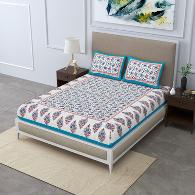 Poorak 104 TC Cotton Double Jaipuri Prints Flat Bedsheet(Pack of 1, Blue)