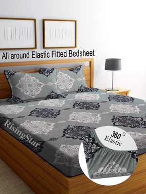 RisingStar Microfiber King Fitted (Elastic) 250 TC Printed Bedsheet(Pack of 1, Grey_Damask)