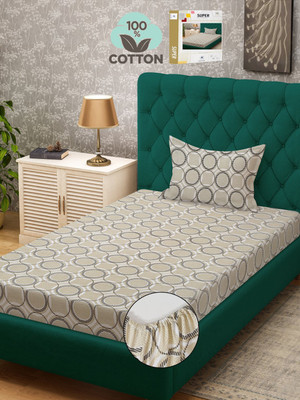 Klotthe 400 TC Cotton Single Printed Fitted (Elastic) Bedsheet(Pack of 1, Cream)