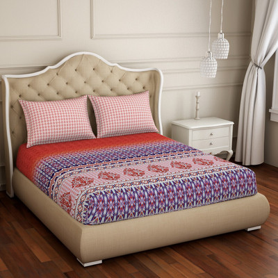 SPACES 210 TC Cotton Queen Abstract Flat Bedsheet(Pack of 1, Red)