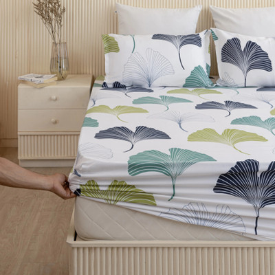 HOMEMONDE 210 TC Cotton Double Printed Fitted (Elastic) Bedsheet(Pack of 1, Blue & Green)